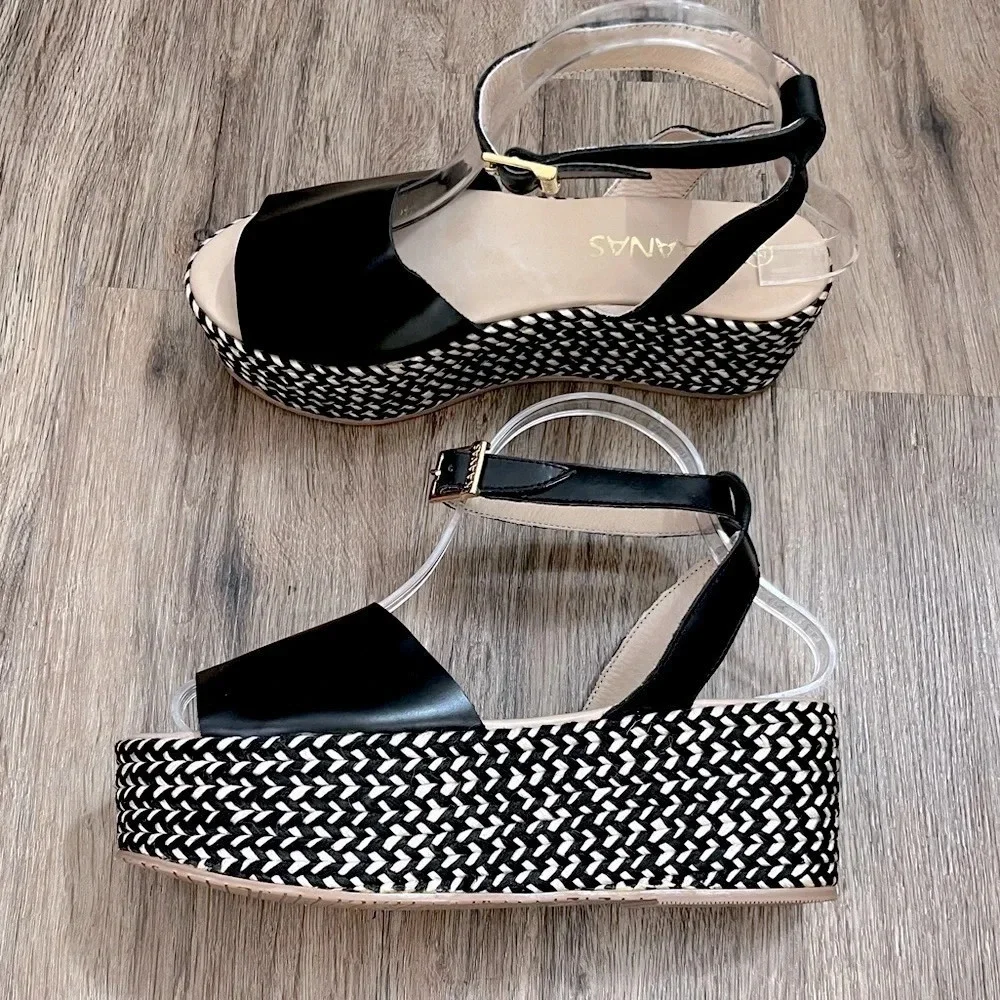 Kaanas Anthropologie Platforms Espadrilles Women’s Black Leather 7 Boho Wedding
